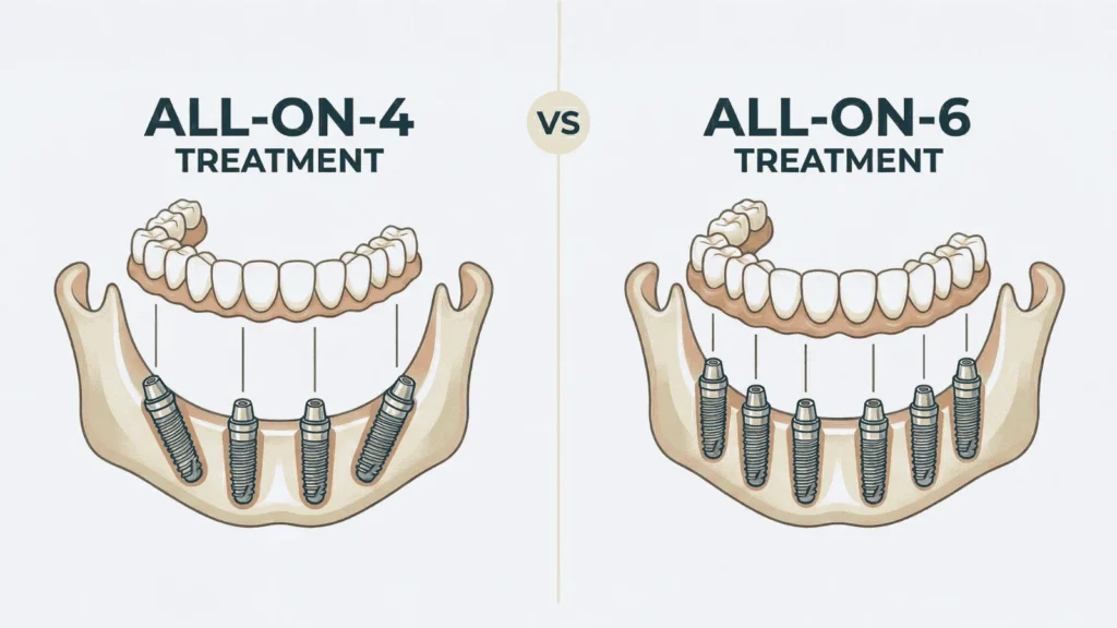Diagram comparing All-on-4 with four implants vs All-on-6 with six implants placed in the jawbone