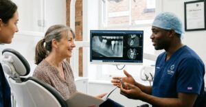 A professional dental consultation at Globe Dental Practice. A dentist in blue scrubs shows a single tooth implant model to a smiling female patient while a digital X-ray of a dental implant is displayed on a monitor in a bright, modern clinic.