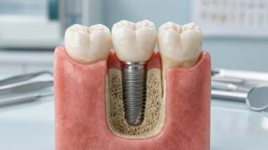 A medical cross-section model shows a central ceramic tooth crown with its underlying metallic screw-like implant embedded into the sponge-like texture of jawbone. The implant sits between two healthy-looking molar teeth in pink gum tissue, set against a blurred background of a dental office with sterilization equipment, charts, and a metal tray of dental tools.