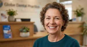 A smiling woman with short, curly hair wearing a teal sweater, sitting in the brightly lit reception area of Globe Dental Practice. The subtly blurred background features a wooden reception desk, a blue informational pamphlet, and potted plants
