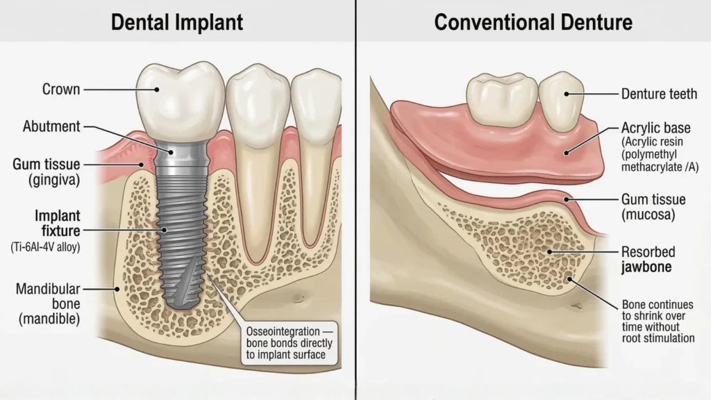 Cross‑section illustration comparing a dental implant integrated in jawbone with a conventional gum‑supported denture, showing how implants help preserve bone while dentures are associated with jawbone shrinkage.