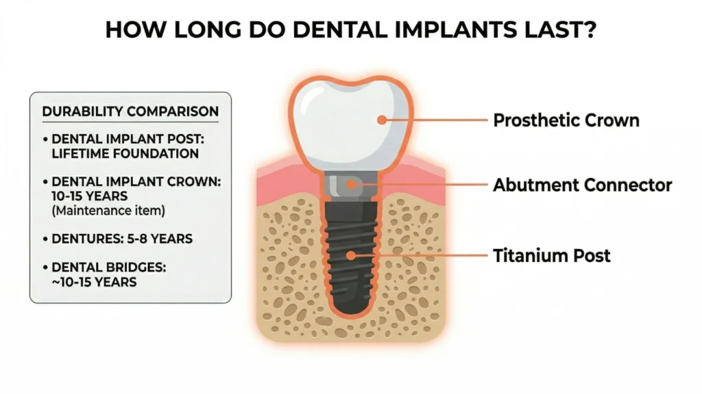 diagram showing dental implants and explaining how long they last